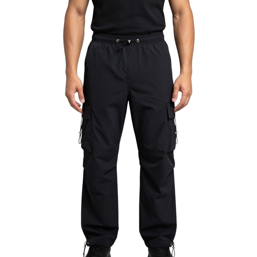 Mens Black Techwear Cargo Pants Elastic Waist Toggle Cuff Joggers Streetwear